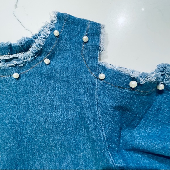 🌸3 for $30 Denim Mini Dress Size M details pearls embroidery distressed jeans - Picture 12 of 15